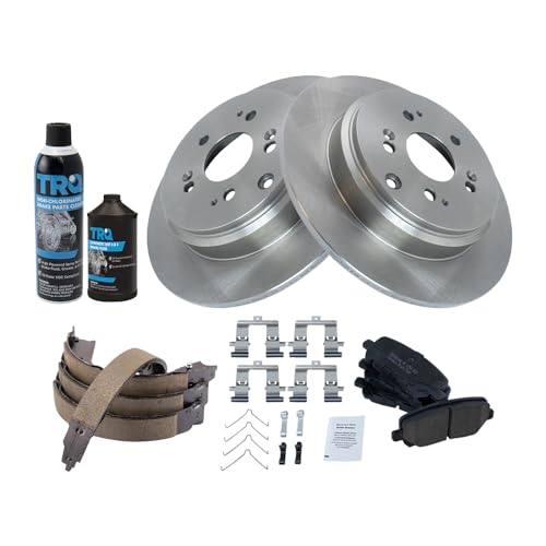 Image of TRQ Rear Brake Pad & Rotor Kit, with Chemical Kit Parking Brake Shoe Set Ceramic Compatible with 2007-2013 Acura MDX 2010-2013 ZDX 2009-2015 Honda Pilot