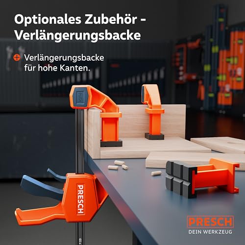 PRESCH Einhandzwingen 150mm 2 Stk. – Zwingen Set mit 75kg Spannkraft für sofortiges Fixieren – Robuste Schnellspannzwingen dank Carbonstahl & glasfaserverstärktem Gehäuse – Zwingen mit Spreizfunktion