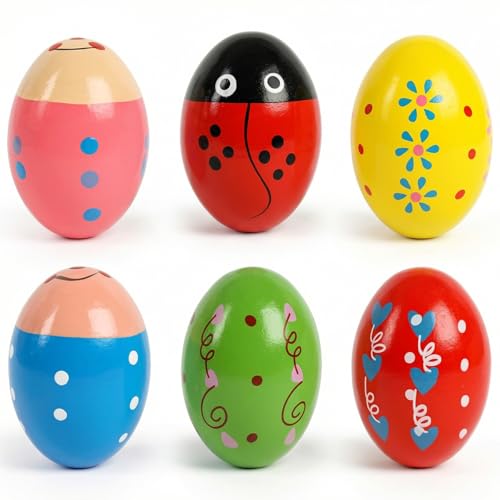 SallyFashion 6PCS Egg Shakers Musical Instruments for Babies, Wooden Maracas for Kids Hand Percussion Musical Eggs Easter Basket Stuffers Party Favors