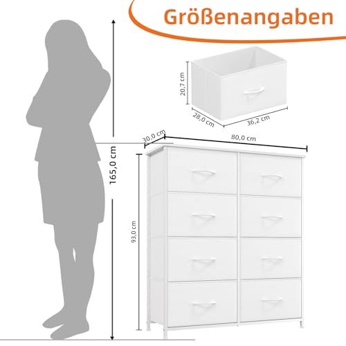 Somdot Kommode mit Schubladen aus Stoff, Komodenschrank, Kommode für Schlafzimmer Wohnzimmer Flur, Schubladenschrank Aufbewahrungsschrank Stoffkommode, 8 Stoffschubladen, Weiß