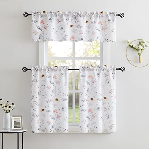 Bapawfish Watercolor Floral Kitchen Window Valances Sheer Farmhouse Botanical Flower Leaf Printed Small Cafe Curtain Panels Boho Rod Pocket Window Treatment For Kitchen Bedroom Living Room,56" Wx15 L #TOP6
