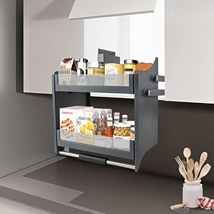 2-Tier Pull Down Shelf Upper Kitchen Wall Cabinet Pull-Out Cabinet Shelf Drop Down Pull-Down Lift for Kitchen Wall Cabinet Storage Organizer 24 Inch Heavy Duty Pull-Out Cabinet Shelf