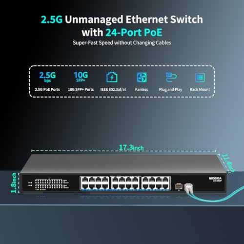 24 Port 2.5G PoE Switch Unmanaged with 24 Port 2.5Gb Base-T PoE+@400W + 2 x 10G SFP+ Uplink, NICGIGA 26 Port 2.5Gbe IEEE802.3af/at Power Over Ethernet Switch, Support WiFi6 AP, NAS, 4K PoE Camera NVR. by NICGIGA - Image 4