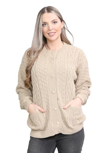 Pretty Attitude Women Winter Chunky Cable Knit Ladies Long Sleeve Aran Crew Neck Warm Cardigan (Beige Aran Bw, 12)
