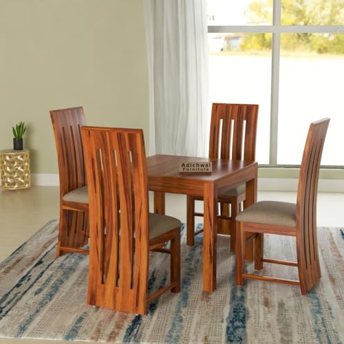 Image of Solid Sheesham Wood 4 Seater Dining Table Set with Cushioned Chairs for Dining Room | Living Room | Home & Office | Hotels Restaurant & Cafe (4 Seater, Honey B)