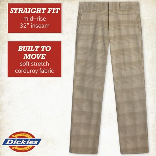 Dickies Womens Corduroy Pants - Mid or High Waisted Straight or Wide Leg Fit Pants Casual Work Trouser with Contour Waistband, Size 28 RG, Light Plaid Print