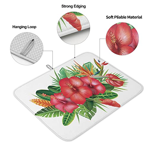 Dish Drying Mat For Kitchen Counter Absorbent Quick Drying Mat, Hawaiian Flower Tropical Gorgeous Flower Cluster Microfiber Drying Pad Countertop Protector, Easy To Hang- 16 X 18 #TOP1