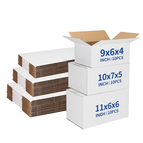 CRUGLA Assorted Sizes Shipping Boxes 30 Pack (11x6x6, 10x7x5, 9x6x4), White Corrugated Cardboard Mailers, Each 10 PCS Small Boxes for Small Business Packaging, Shipping & Storage