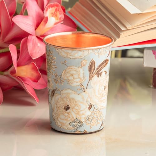 Image of INDIAN ART VILLA Copper Gold Print Design Glass - 275 ML, Ayurvedic Copper Drinkware for Daily Use, Elegant Handcrafted Water Glass for Home, Office, and Gifting, Set of 1
