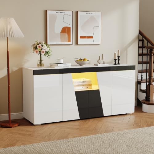 vutizal Komoda LED TV 140 cm, wysoki połysk, nowoczesna szafka ze sterowaniem za pomocą aplikacji, oświetlenie LED i ukośne wzornictwo, do salonu