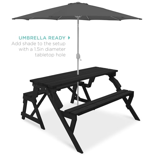Image of Best Choice Products 2-in-1 Transforming Interchangeable Outdoor Wooden Picnic Table Garden Bench for Backyard, Porch, Patio, Deck w /Umbrella Hole - Black