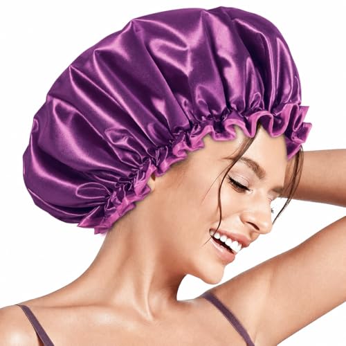 Aquior Shower Caps, Reusable Shower Cap for Women, Double Layer Waterproof Hair Cap, Large Size for All Hair Lengths,for Girls Spa Home Salon Use (Purple)