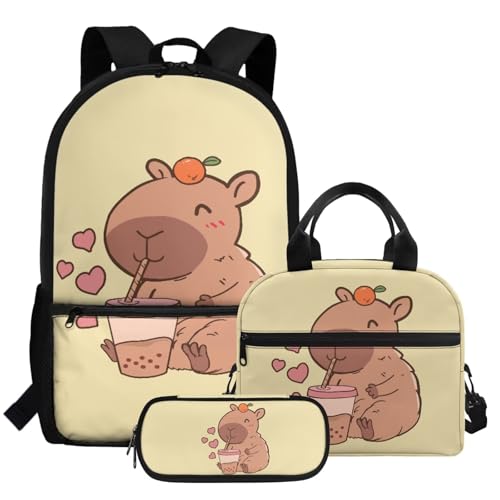 Capybara School Backpack for Girls 6-8 Years Old with Lunch Box Bag Pencil Case Cartoon Animal Rucksack Preschool Bookbag Lightweight Children's School Bag 3 in1 Set