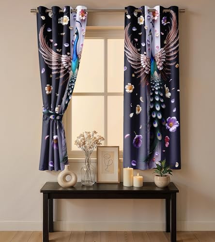 Image of Ultimate Trends Room Darkening Digital Printed Peacock Prints Curtain 65-70% Opacity,Diamond Eyelets, Tie Back, 8 FEET Pack of 1,Deep Navy