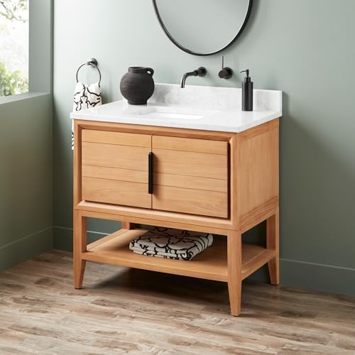 Signature Hardware 955226-36-rumb Aliso 36" Console Teak Single Basin Vanity Set with Cabinet, Vanity Top, and Rectangular Undermount Sink - No Faucet Holes - Natural Teak/Carrara