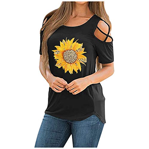 Cardigo Short Sleeve Shirts for Womens Sunflower Casual Printing Loose Summer T-Shirt Blouse, #07black, X-Large