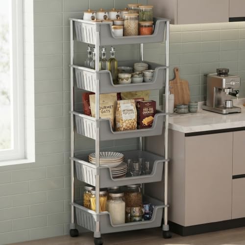Image of JD FRESH 5-Tier Multi Storage Rack for Home & Kitchen /360-Degree Rotating Wheels with Breathable Kitchen Shelf Storage Rack /Plastic Rolling Cart for Kitchen, Bathroom, Office & Living Room (Grey)