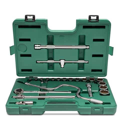 SATA 22-Piece Socket Set, SAE and 1/2-Inch Drive, with Ratchet, Extensions and Accessories in a Green Plastic Carrying Case - ST09088SJ
