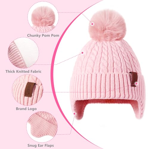 FENELY Girls Boys Winter Hat, Children's Warm Knitted Earflaps Beanie with Pom Pom Thicken Fleece Lining Cap for Kids4
