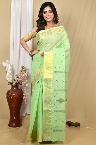 Image of eC ESHA'S COLLECTION Women's Kerala Cotton Floral Motif Printed Zari Bordered Tant Saree Without Blouse Piece