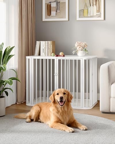 Hzuaneri Hundekäfig Möbel, Indoor Hundebox mit Kissen, Modernes Dreitür-Design, Hochbelastbar Hundekäfige, Beistelltisch aus Holz, Geeignet für Große Hunde, 108 x 66 x 77,5 cm, Weiß DFC86713W