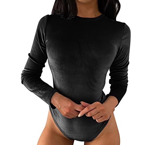 CGGMVCG Body de manga larga con cuello redondo de terciopelo para mujer, color sólido, Negro, L