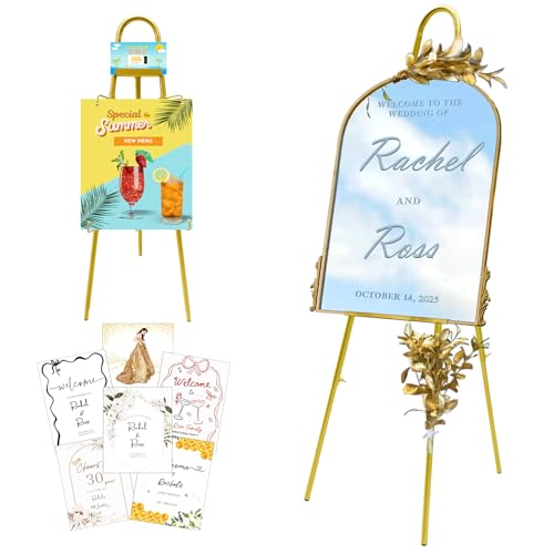 57 42 Height Adjustable Gold Easel Stand for Signs Lockable at Any Height 4 Hooks 3 Display Modes Easel with Design Templates Ideal for Wedding Welcome Sign Parties Art & Retail Display
