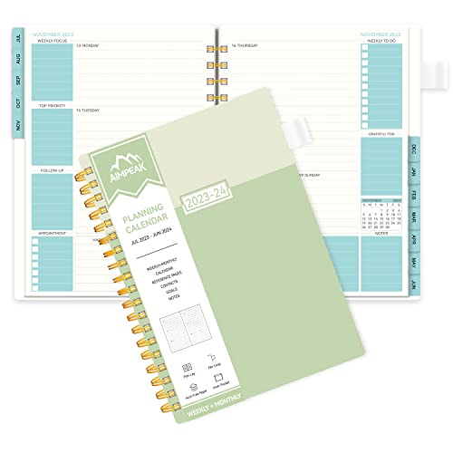 Planner 2023-2024, Academic Planner 2023-2024,Weekly & Monthly Planner, Jul. 2023 - Jun. 2024, Aimpeak Weekly Planner With Monthly Tabs, Inner Pocket, Pen Loop, Flexible Cover，Spiral Binding, Green, 5.5"X8.5" #TOP4