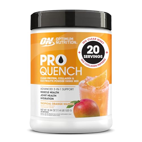 Image of Optimum Nutrition Pro Quench, 10g Clear Protein, 10g Collagen peptides & Electrolyte Powder Drink Mix, Tropical Orange Mango, 20 Servings, 520 Grams (Packaging May Vary) (Pack of 6)