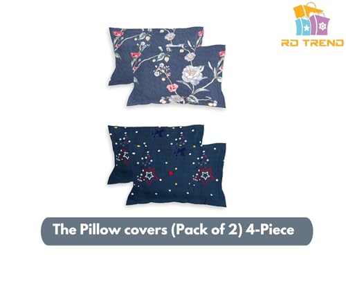 Image of RD TREND Pillow Cover Set of 2 | 210 TC Premium Glace Cotton | Soft & Breathable | Floral Printed Design | Standard Size 18x28 Inches | Bluestar & Grey | 4 Pcs