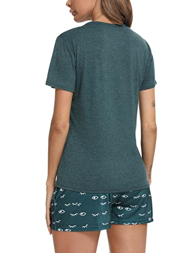Uniexcosm Schlafanzug Damen Kurz Baumwolle Zweiteiliger Pyjama Set Kurzarm Nachtwäsche Wimperndruck Sleepwear Hausanzug Loungewear Stil 1:Dunkelgrün S 4