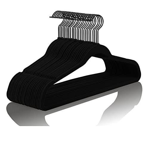 Image of MIZGI Premium All Black Velvet Hangers with Black Hooks (50 Pack) Heavy Duty - Non Slip Felt Hangers - 360 Degree Swivel,Space Saving Clothes Hangers,Durable Strong Hangers for Suits,Coat