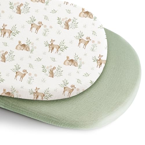 Image of Konssy 2 Pack Muslin Bassinet Sheets for Boys, Girls, 100% Cotton Soft Breathable Fitted Bassinet Mattress Sheet, 32 x 16 inches (Woodland,Sage)