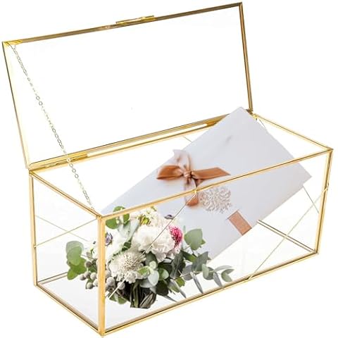 HighFree Luxurious Gold-Trimmed Glass Decor Box, Large Capacity Clear Storage Showcase, Mail Envelopes Glass Box, Jewelry Glass Display Box for Wedding, Wishwell, Keepsake, 11x4.5x5 inch Cover