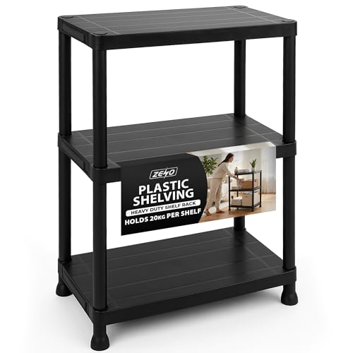 ZENO Plastic Shelving Unit 3 Tier | Storage Shelves 60KG Total Load Capacity | Plastic Shelving for Home Garage, Kitchen, Shed and Workshop | Heavy Duty Stable Frame | Easy Tool Free Assembly
