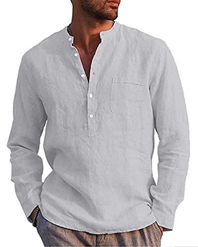 LVCBL Herren Leinen Hemd Sommerhemd Herren Button Up Shirt Stand Kragen Shirt Hellgrau 2XL
