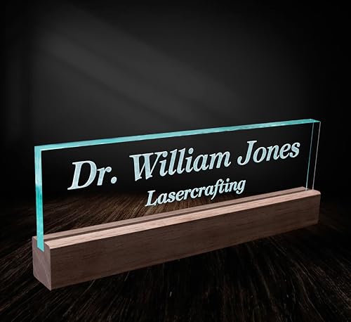 Lasercrafting Office Desk Name Plate Personalized Crystal Clear Glass-Like Acrylic with Wood Base Customized with Laser Engraved Frosted White Text