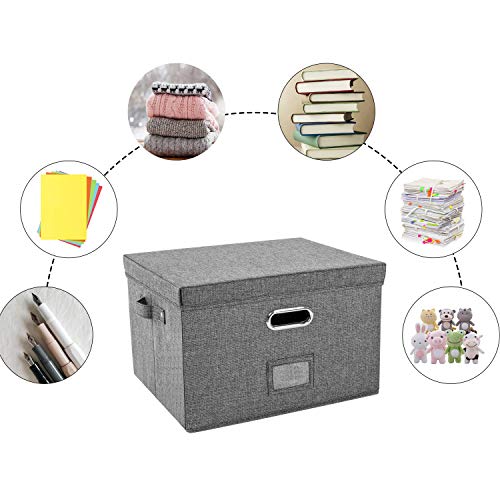 JSungo 2 Pack File Organizer Box Office Document Storage with Lid, Collapsible Linen Hanging Filing Organization, Home Portable Storage with Handle, Letter Size Legal Folder, Grey - Thumbnail 4
