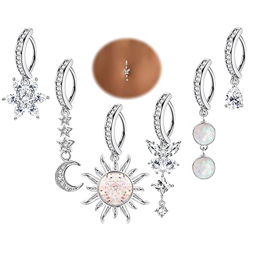 JOERICA 6 Pcs 14G Clicker Belly Button Ring for Women 316L Surgical Steel Butterfly Snake Evil Eye Heart CZ Opal Dangle Belly Button Rings Simple Reverse Navel Rings Body Belly Piercing Jewelry