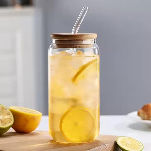 Glass Tumbler with Bamboo Lid and Straw Cover