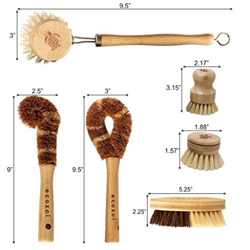 Ecozoi Bamboo Dish Brush Set, 6 Piece For Vegetable, And Kitchen Dish Cleaning, Sisal & Coconut Fibers With Bamboo Handles, Kitchen Brushes For Dishes, Pots, Pans #TOP3