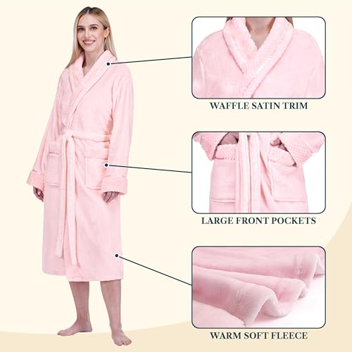 Image of PAVILIA Women's Plush Fleece Robe, Soft Cozy Long Bathrobe with Satin Waffle Trim, Warm Lightweight, Pockets & Tie Belt