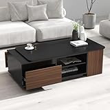 JOYSOURCE Extendable Coffee Table with Drawer 48-66'' Long Rectangle Mid Century Modern Coffee Table Large Storage Shelf Unique Contemporary Adjustable for Small Spaces (Black/Walnut)