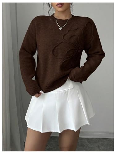 Image of RoseSeek Women's 3D Floral Appliques Crewneck Sweaters Long Sleeve Drop Shoulder Pullovers Elegant Knit Tops