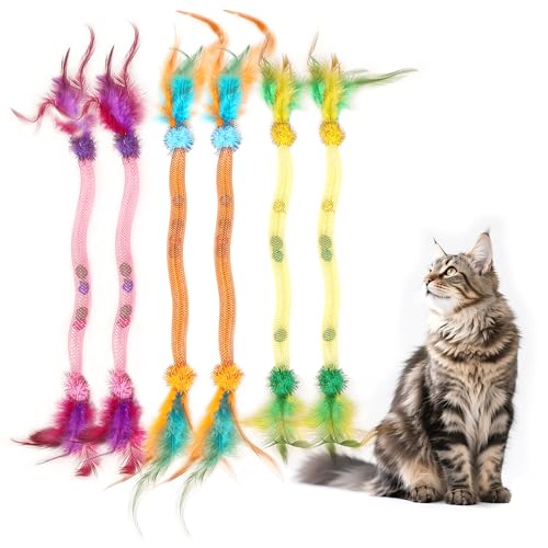 PetPrana Catnip Toys for Cats – 6 Pack Feather Mesh Tubes with Bells, Cat Chew Toys for Indoor Cats, Interactive Toys for Bored Kittens and Adults