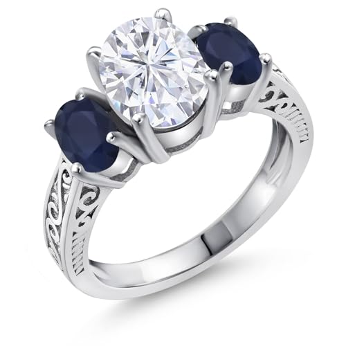 Gem Stone King 3.21 Cttw White Moissanite and Blue Sapphire 3-Stone Ring For Women | 925 Sterling Silver | Oval 9X7MM and 6X4MM | 3 Stone Wedding Engagement Anniversary Promise Ring