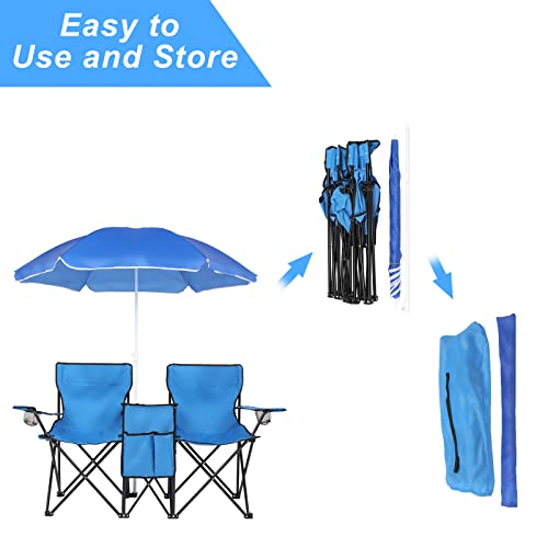 Vingli Double Folding Camping Chair With Cup Holder, 2 Seat Outdoor Chair W/Mini Table And Cooler, Portable Picnic Chair With Sun Shade Canopy Umbrella And Carrying Bag #TOP3