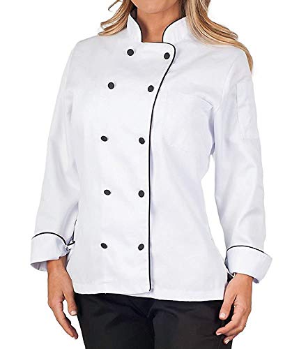 Women's Full Sleeves Large White Polycotton Black Piping Contrast Chef Coat