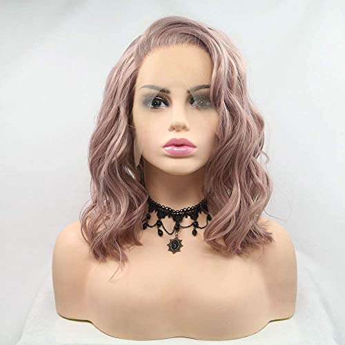 Pink Lace Wigs Side Part Short Bob Loose Wave Smoky Pink Wig Synthetic Lace Front Wigs for Women Natural Looking Heat Resistant Half Hand Tied Summer Shoulder Wigs (14 Inch, Pink/lace front wig)