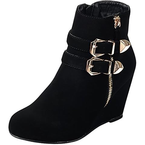 Forever Link Women's Ankle Strappy Buckle Zipper Wrapped Wedge Ankle Bootie,Black, 6 Cover